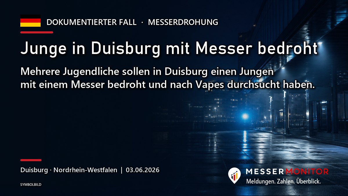 Titelgrafik: Junge in Duisburg mit Messer bedroht. Mehrere Jugendliche sollen in Duisburg einen Jungen mit einem Messer bedroht und nach Vapes durchsucht haben..