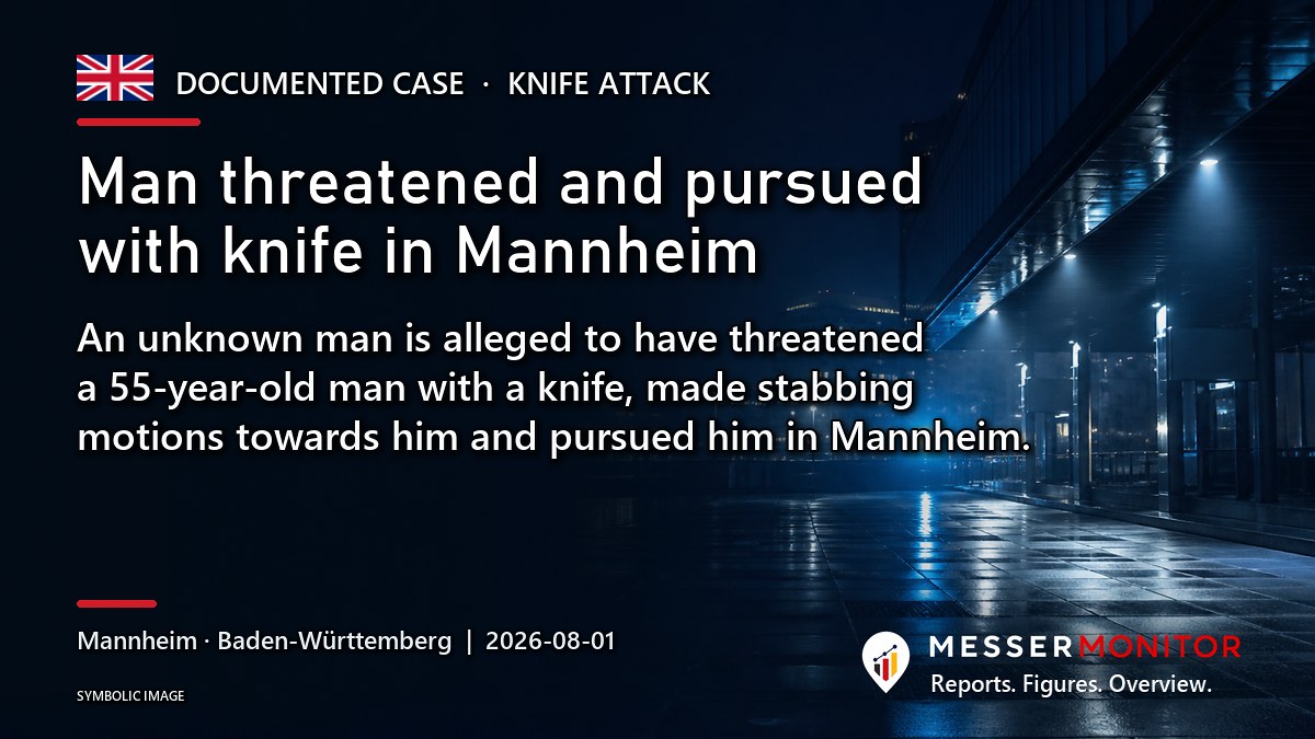 Title image: Man threatened and pursued with knife in Mannheim. An unknown man is alleged to have threatened a 55-year-old man with a knife, made stabbing motions towards him and pursued him in Mannheim..