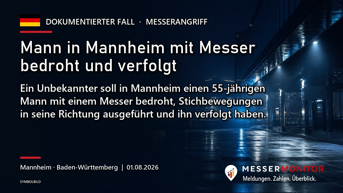 Titelgrafik: Mann in Mannheim mit Messer bedroht und verfolgt. Ein Unbekannter soll in Mannheim einen 55-jährigen Mann mit einem Messer bedroht, Stichbewegungen in seine Richtung ausgeführt und ihn verfolgt haben..