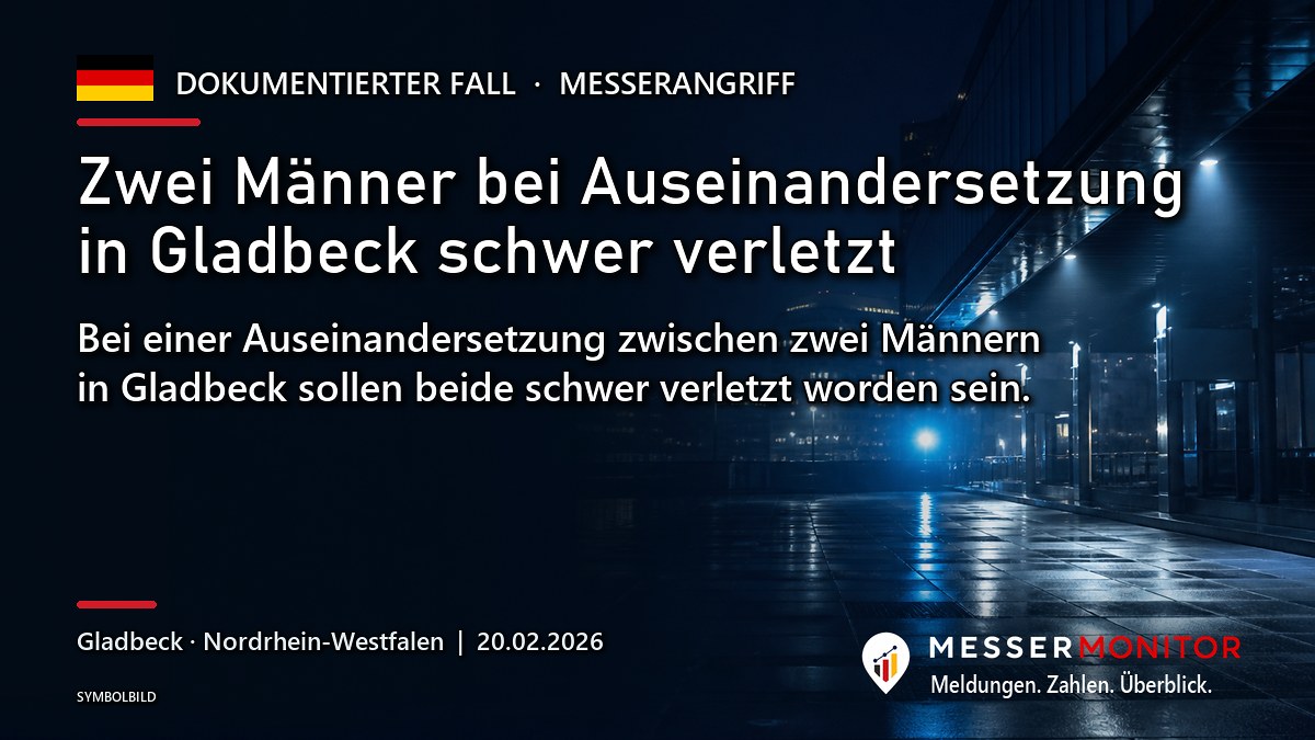 Titelgrafik: Zwei Männer bei Auseinandersetzung in Gladbeck schwer verletzt. Bei einer Auseinandersetzung zwischen zwei Männern in Gladbeck sollen beide schwer verletzt worden sein..