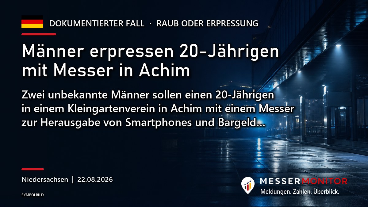 Titelgrafik: Männer erpressen 20-Jährigen mit Messer in Achim. Zwei unbekannte Männer sollen einen 20-Jährigen in einem Kleingartenverein in Achim mit einem Messer zur Herausgabe von Smartphones und Bargeld….