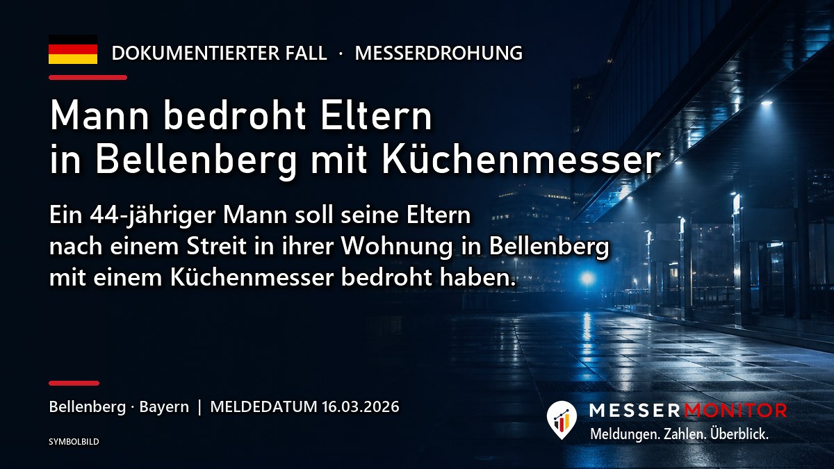Titelgrafik: Mann bedroht Eltern in Bellenberg mit Küchenmesser. Ein 44-jähriger Mann soll seine Eltern nach einem Streit in ihrer Wohnung in Bellenberg mit einem Küchenmesser bedroht haben..