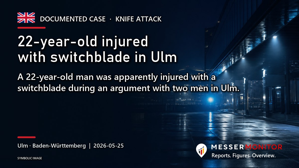Title image: 22-year-old injured with switchblade in Ulm. A 22-year-old man was apparently injured with a switchblade during an argument with two men in Ulm..