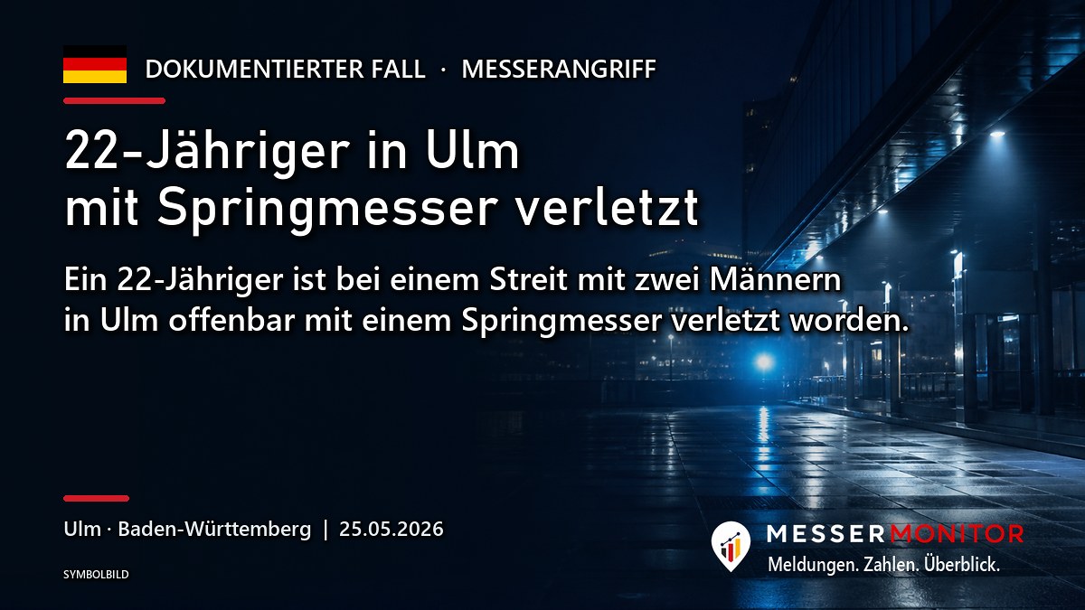 Titelgrafik: 22-Jähriger in Ulm mit Springmesser verletzt. Ein 22-Jähriger ist bei einem Streit mit zwei Männern in Ulm offenbar mit einem Springmesser verletzt worden..