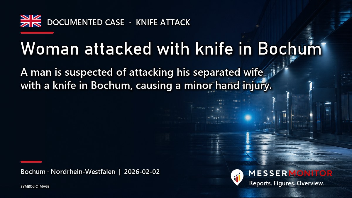 Title image: Woman attacked with knife in Bochum. A man is suspected of attacking his separated wife with a knife in Bochum, causing a minor hand injury..