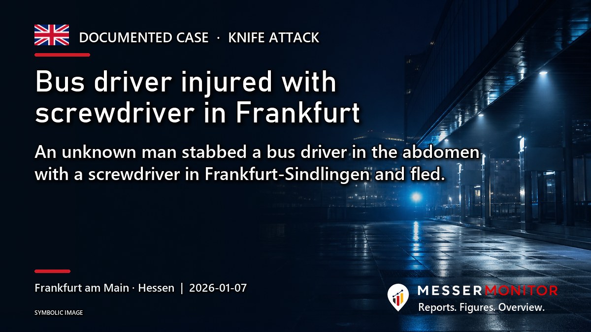 Title image: Bus driver injured with screwdriver in Frankfurt. An unknown man stabbed a bus driver in the abdomen with a screwdriver in Frankfurt-Sindlingen and fled..