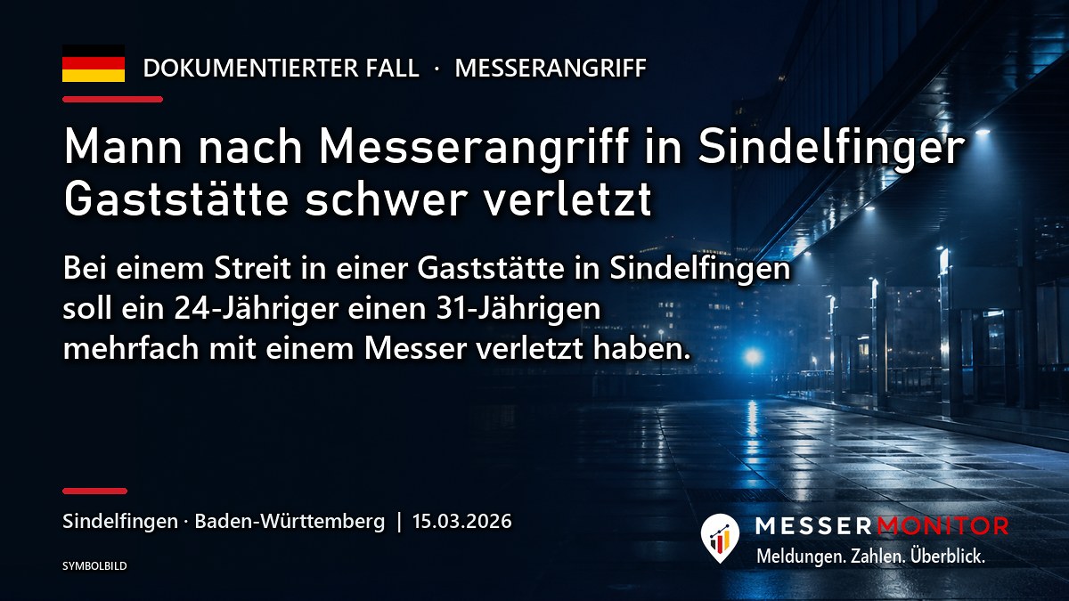 Titelgrafik: Mann nach Messerangriff in Sindelfinger Gaststätte schwer verletzt. Bei einem Streit in einer Gaststätte in Sindelfingen soll ein 24-Jähriger einen 31-Jährigen mehrfach mit einem Messer verletzt haben..