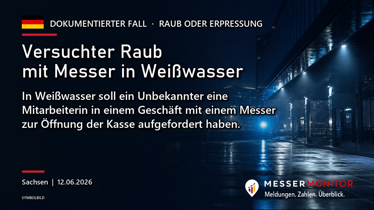 Titelgrafik: Versuchter Raub mit Messer in Weißwasser. In Weißwasser soll ein Unbekannter eine Mitarbeiterin in einem Geschäft mit einem Messer zur Öffnung der Kasse aufgefordert haben..