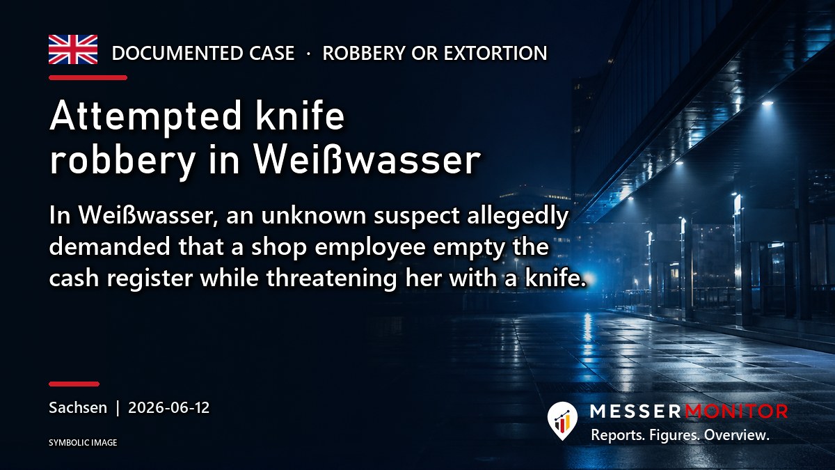 Title image: Attempted knife robbery in Weißwasser. In Weißwasser, an unknown suspect allegedly demanded that a shop employee empty the cash register while threatening her with a knife..