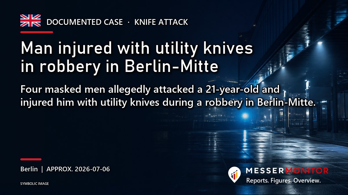 Title image: Man injured with utility knives in robbery in Berlin-Mitte. Four masked men allegedly attacked a 21-year-old and injured him with utility knives during a robbery in Berlin-Mitte..