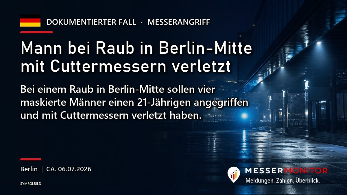 Titelgrafik: Mann bei Raub in Berlin-Mitte mit Cuttermessern verletzt. Bei einem Raub in Berlin-Mitte sollen vier maskierte Männer einen 21-Jährigen angegriffen und mit Cuttermessern verletzt haben..