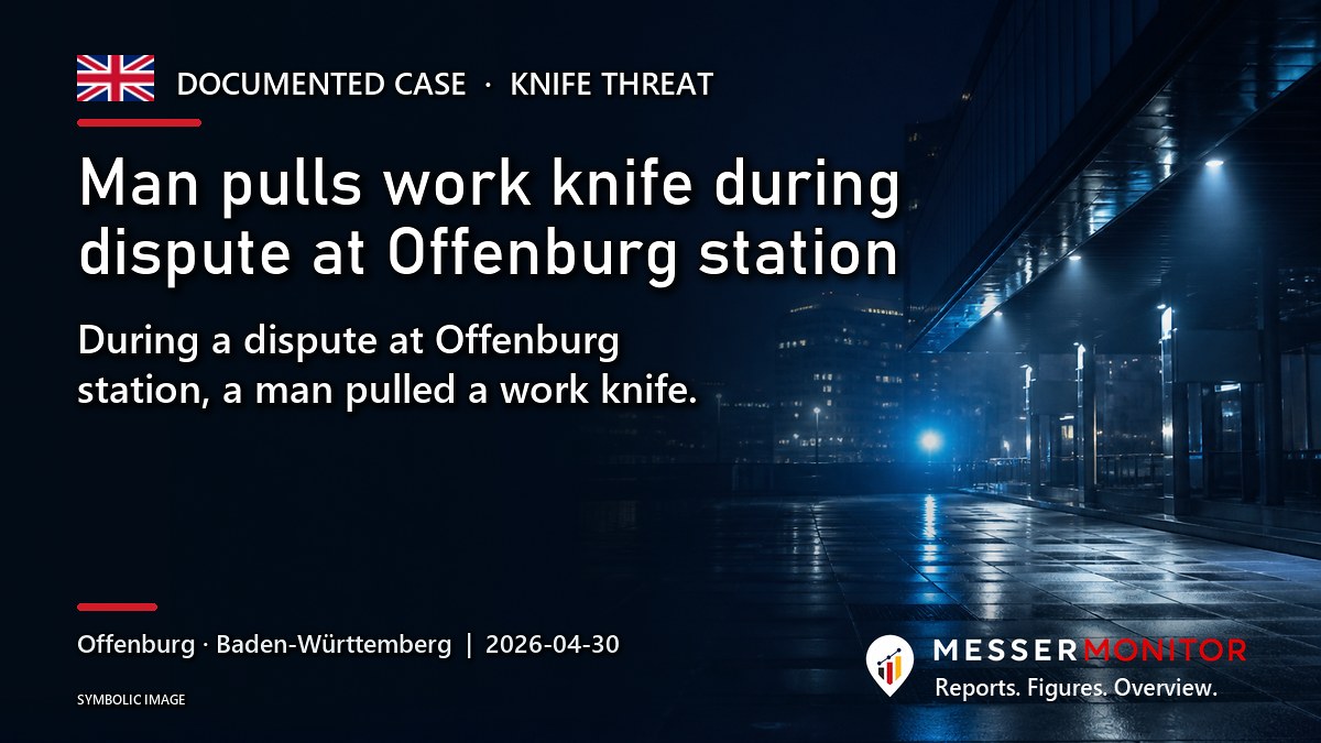 Title image: Man pulls work knife during dispute at Offenburg station. During a dispute at Offenburg station, a man pulled a work knife..