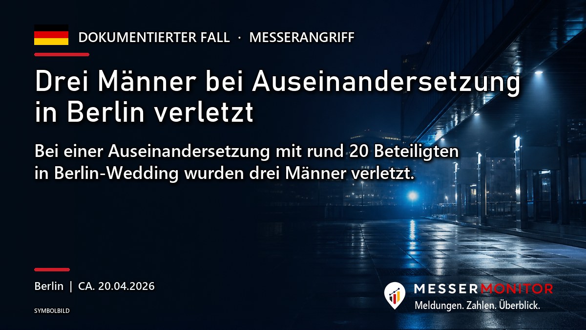 Titelgrafik: Drei Männer bei Auseinandersetzung in Berlin verletzt. Bei einer Auseinandersetzung mit rund 20 Beteiligten in Berlin-Wedding wurden drei Männer verletzt..