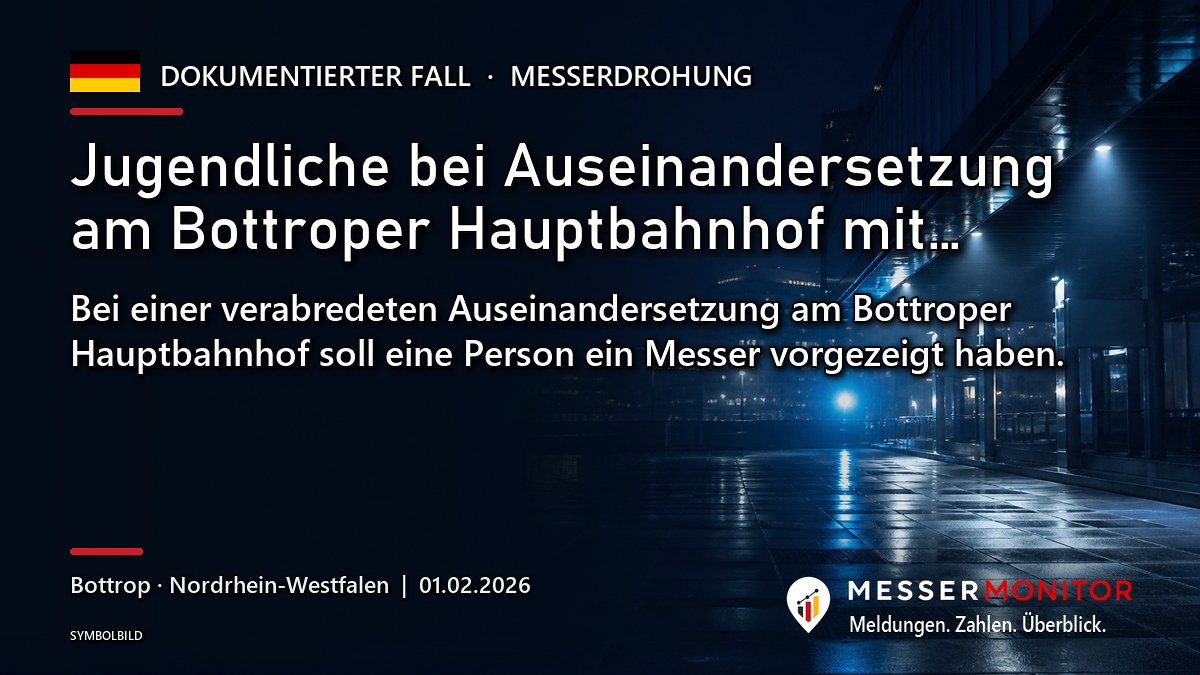 Titelgrafik: Jugendliche bei Auseinandersetzung am Bottroper Hauptbahnhof mit…. Bei einer verabredeten Auseinandersetzung am Bottroper Hauptbahnhof soll eine Person ein Messer vorgezeigt haben..