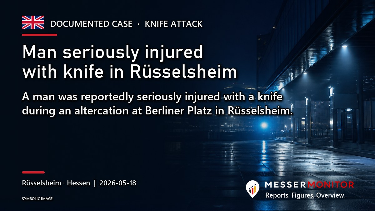 Title image: Man seriously injured with knife in Rüsselsheim. A man was reportedly seriously injured with a knife during an altercation at Berliner Platz in Rüsselsheim..