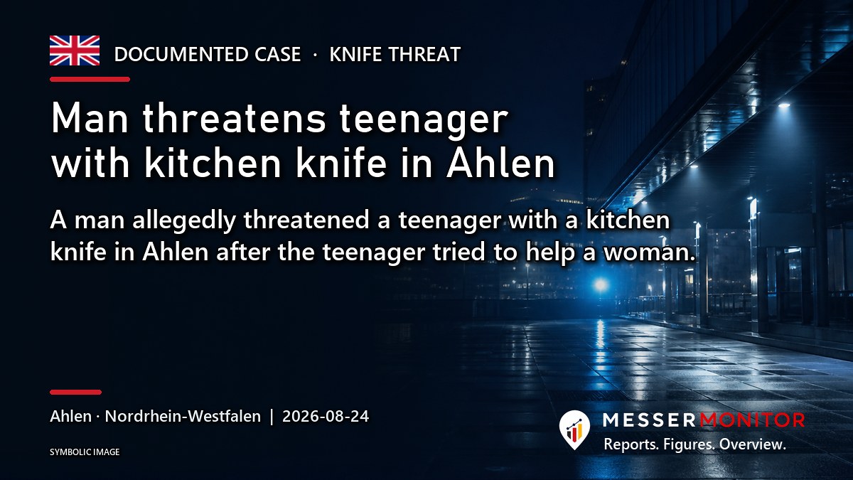 Title image: Man threatens teenager with kitchen knife in Ahlen. A man allegedly threatened a teenager with a kitchen knife in Ahlen after the teenager tried to help a woman..