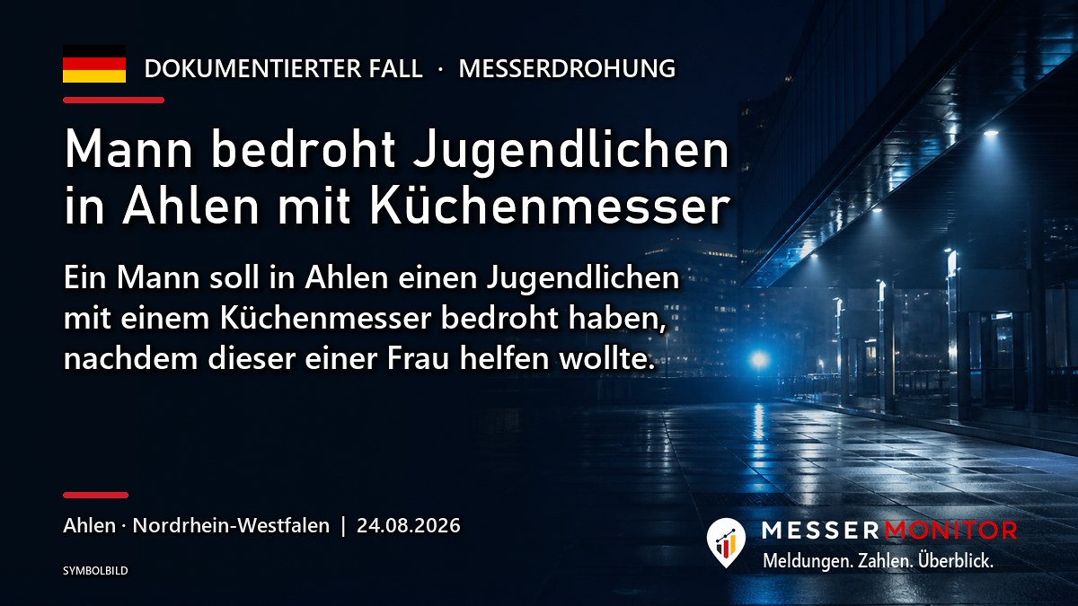 Titelgrafik: Mann bedroht Jugendlichen in Ahlen mit Küchenmesser. Ein Mann soll in Ahlen einen Jugendlichen mit einem Küchenmesser bedroht haben, nachdem dieser einer Frau helfen wollte..