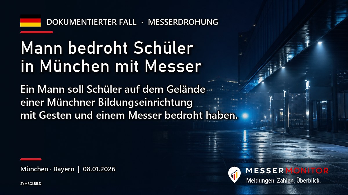 Titelgrafik: Mann bedroht Schüler in München mit Messer. Ein Mann soll Schüler auf dem Gelände einer Münchner Bildungseinrichtung mit Gesten und einem Messer bedroht haben..