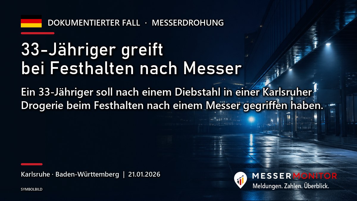 Titelgrafik: 33-Jähriger greift bei Festhalten nach Messer. Ein 33-Jähriger soll nach einem Diebstahl in einer Karlsruher Drogerie beim Festhalten nach einem Messer gegriffen haben..