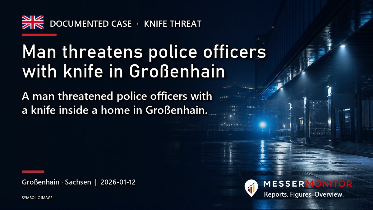 Title image: Man threatens police officers with knife in Großenhain. A man threatened police officers with a knife inside a home in Großenhain..