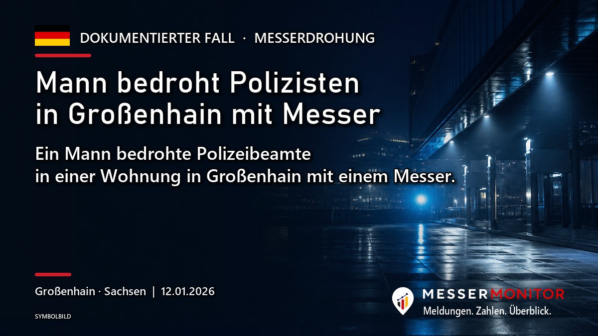 Titelgrafik: Mann bedroht Polizisten in Großenhain mit Messer. Ein Mann bedrohte Polizeibeamte in einer Wohnung in Großenhain mit einem Messer..