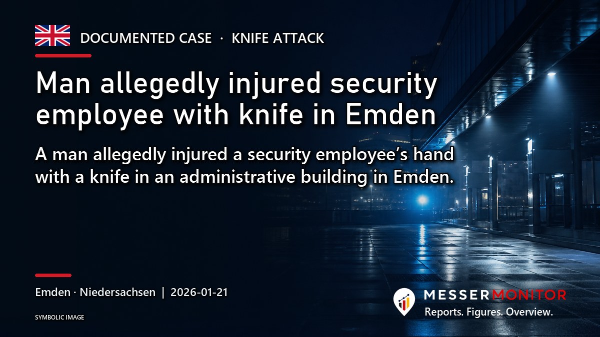 Title image: Man allegedly injured security employee with knife in Emden. A man allegedly injured a security employee’s hand with a knife in an administrative building in Emden..