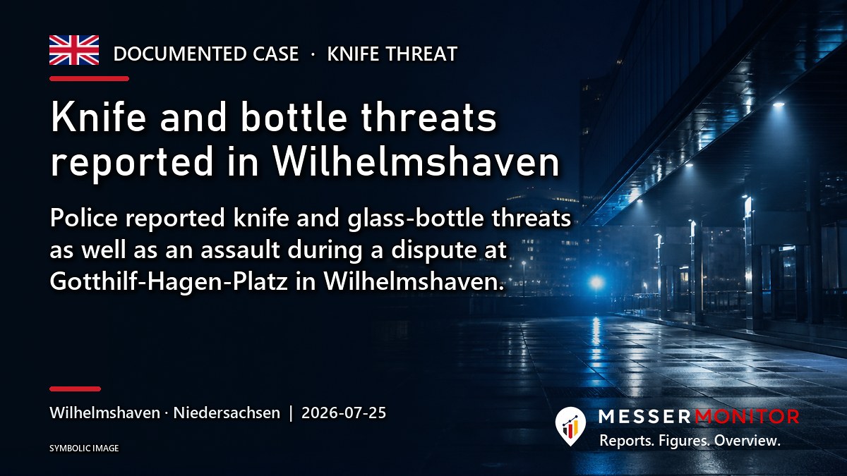 Title image: Knife and bottle threats reported in Wilhelmshaven. Police reported knife and glass-bottle threats as well as an assault during a dispute at Gotthilf-Hagen-Platz in Wilhelmshaven..