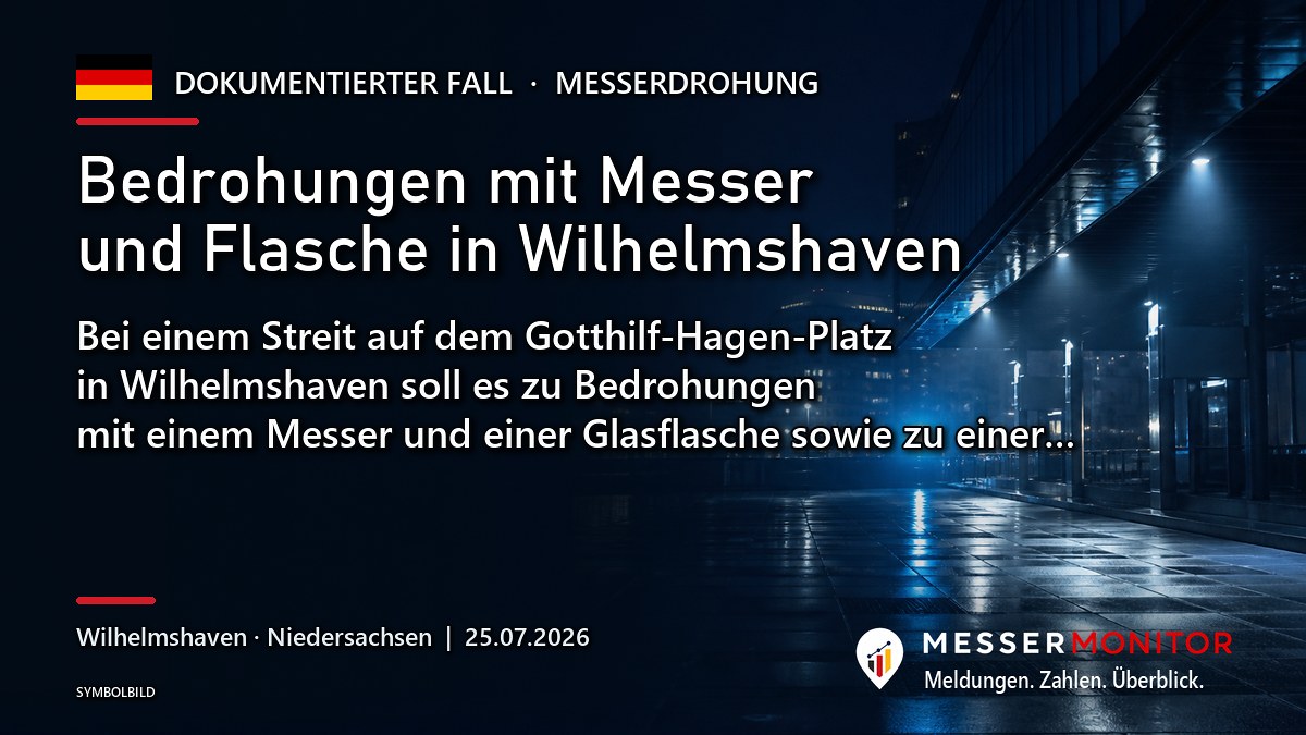 Titelgrafik: Bedrohungen mit Messer und Flasche in Wilhelmshaven. Bei einem Streit auf dem Gotthilf-Hagen-Platz in Wilhelmshaven soll es zu Bedrohungen mit einem Messer und einer Glasflasche sowie zu einer….