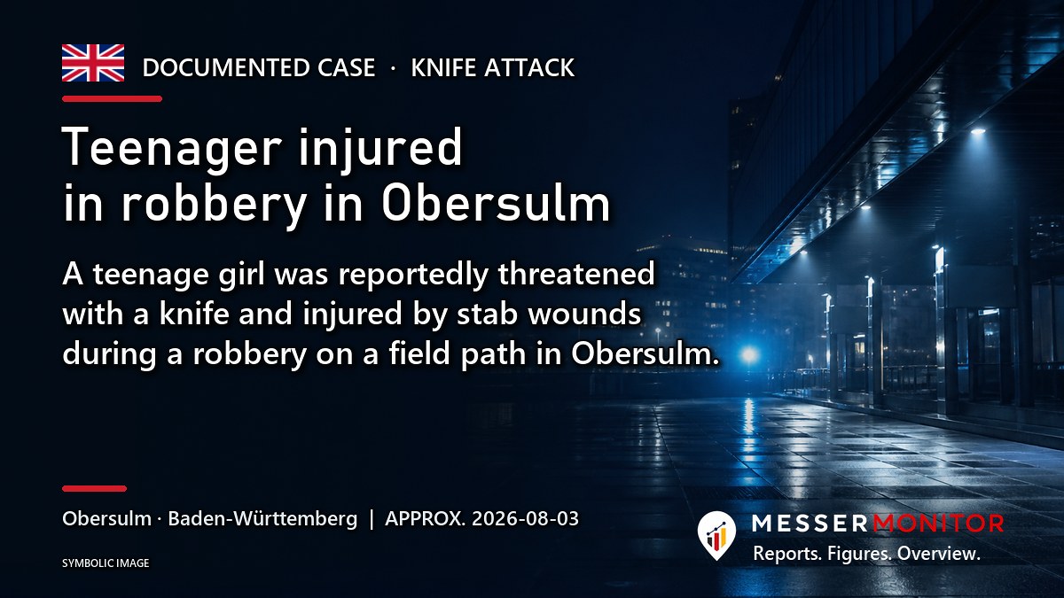Title image: Teenager injured in robbery in Obersulm. A teenage girl was reportedly threatened with a knife and injured by stab wounds during a robbery on a field path in Obersulm..