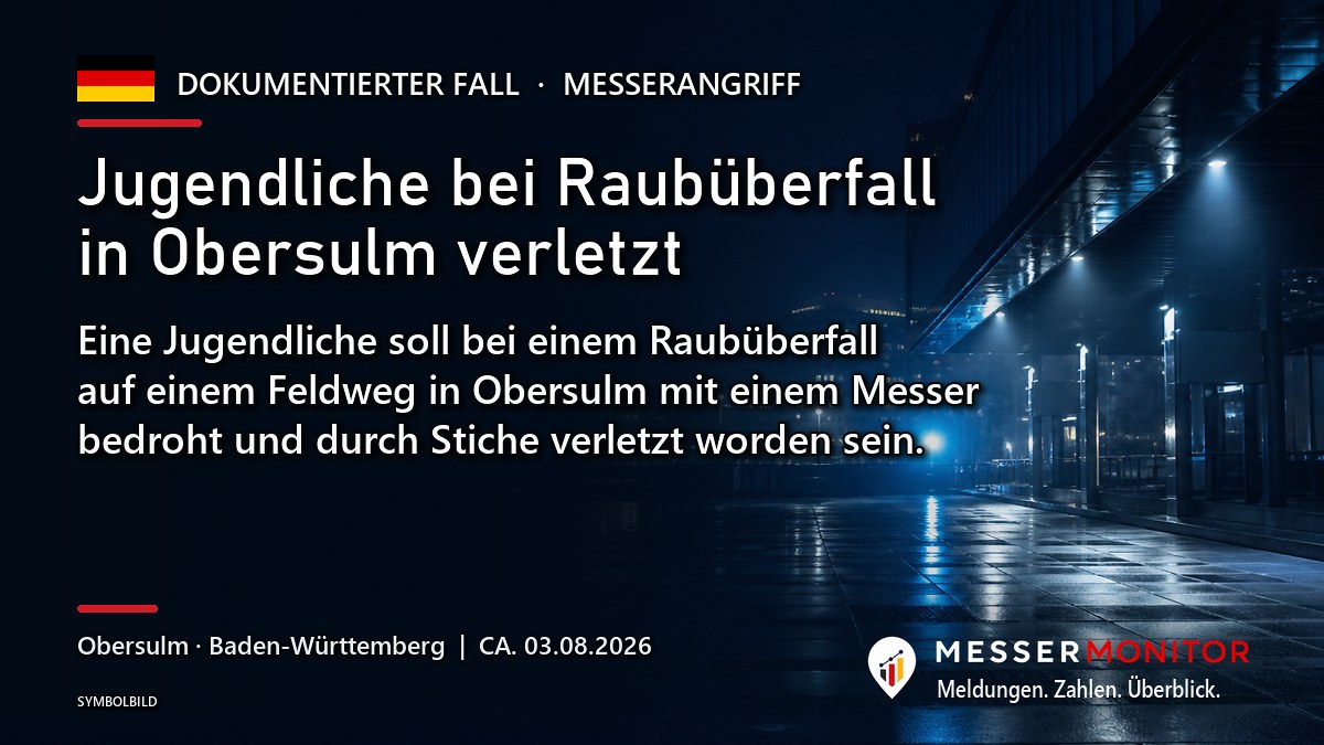 Titelgrafik: Jugendliche bei Raubüberfall in Obersulm verletzt. Eine Jugendliche soll bei einem Raubüberfall auf einem Feldweg in Obersulm mit einem Messer bedroht und durch Stiche verletzt worden sein..