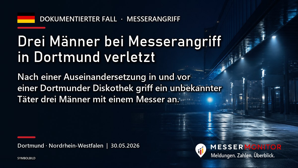 Titelgrafik: Drei Männer bei Messerangriff in Dortmund verletzt. Nach einer Auseinandersetzung in und vor einer Dortmunder Diskothek griff ein unbekannter Täter drei Männer mit einem Messer an..