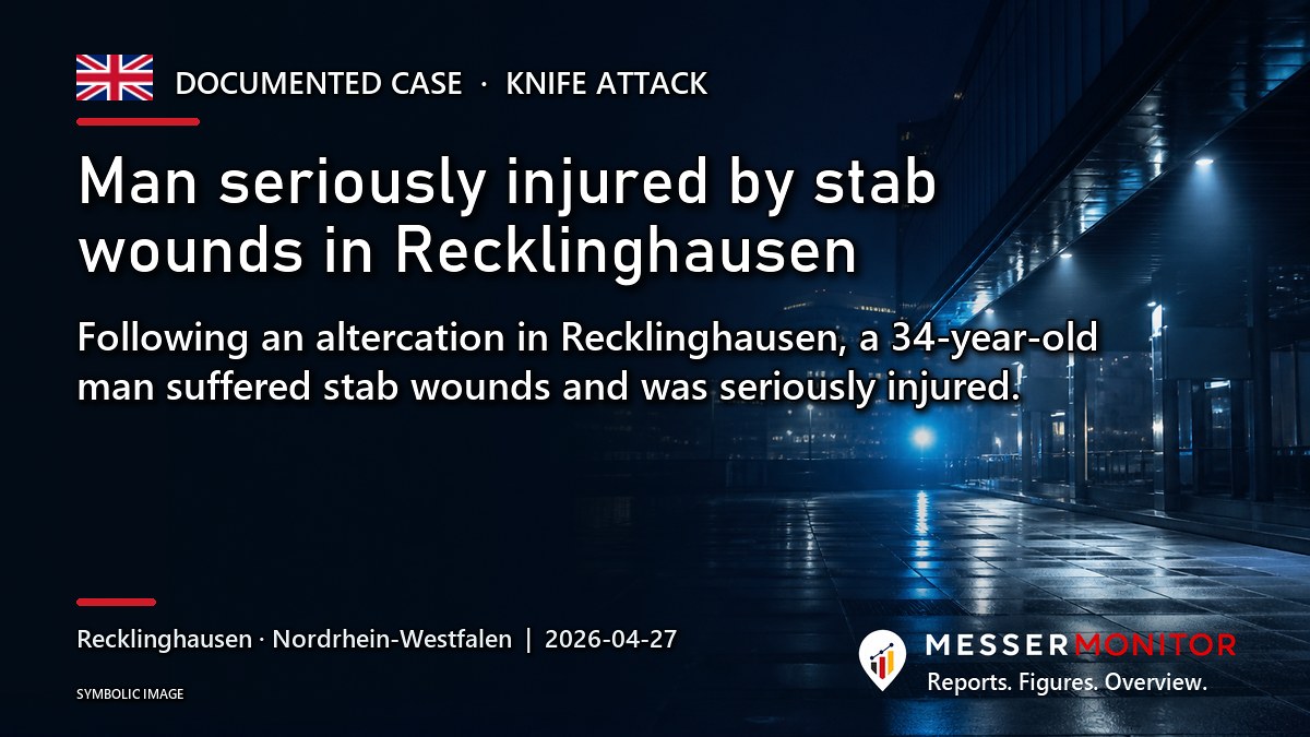 Title image: Man seriously injured by stab wounds in Recklinghausen. Following an altercation in Recklinghausen, a 34-year-old man suffered stab wounds and was seriously injured..