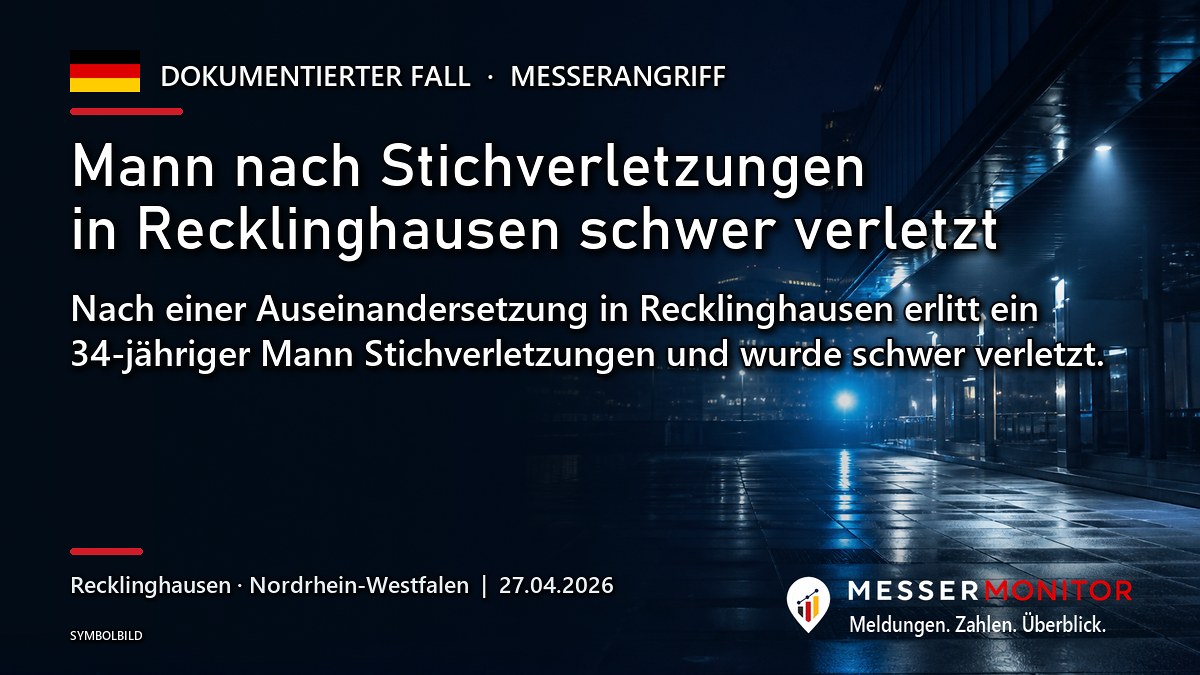 Titelgrafik: Mann nach Stichverletzungen in Recklinghausen schwer verletzt. Nach einer Auseinandersetzung in Recklinghausen erlitt ein 34-jähriger Mann Stichverletzungen und wurde schwer verletzt..