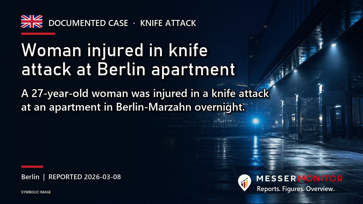 Title image: Woman injured in knife attack at Berlin apartment. A 27-year-old woman was injured in a knife attack at an apartment in Berlin-Marzahn overnight..