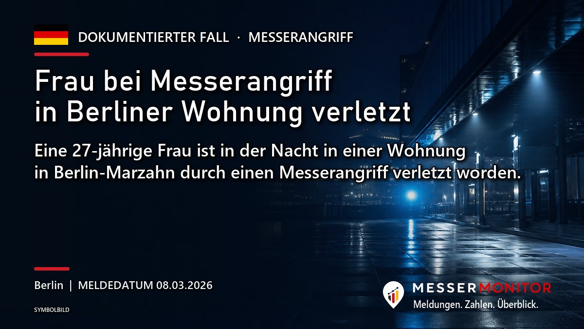 Titelgrafik: Frau bei Messerangriff in Berliner Wohnung verletzt. Eine 27-jährige Frau ist in der Nacht in einer Wohnung in Berlin-Marzahn durch einen Messerangriff verletzt worden..