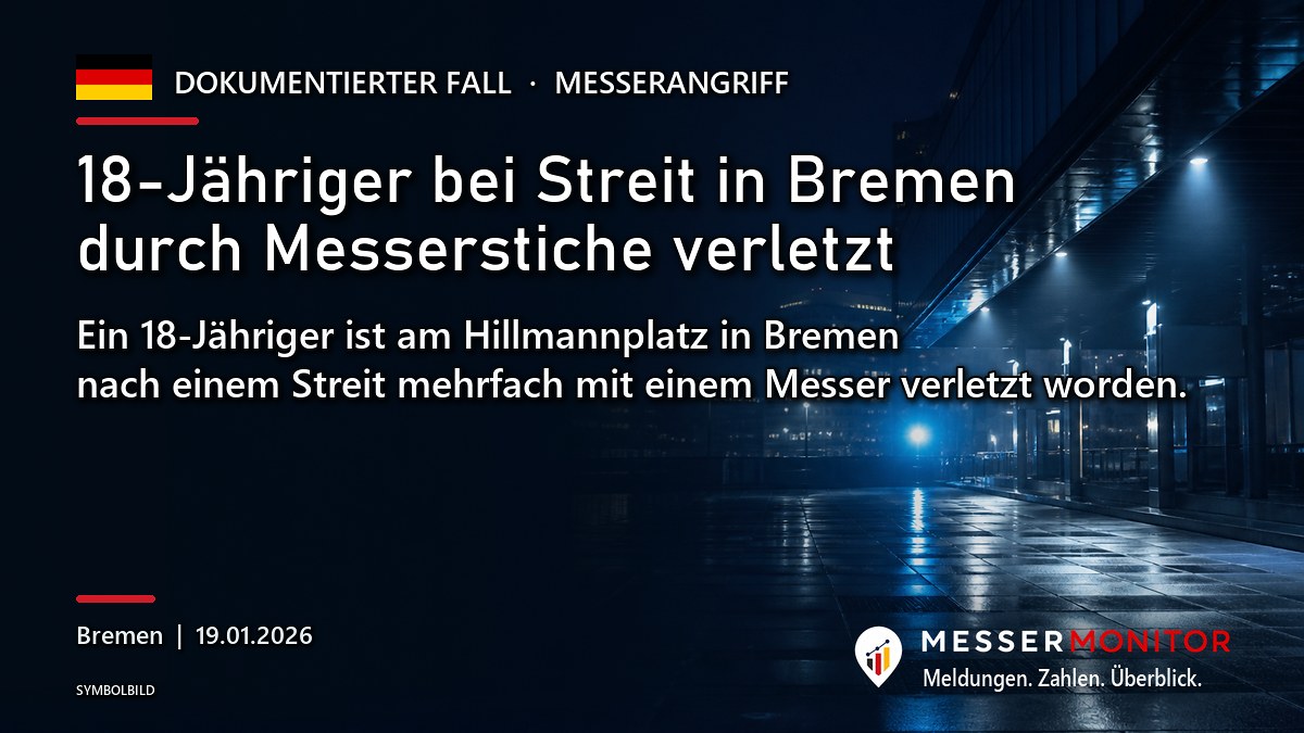 Titelgrafik: 18-Jähriger bei Streit in Bremen durch Messerstiche verletzt. Ein 18-Jähriger ist am Hillmannplatz in Bremen nach einem Streit mehrfach mit einem Messer verletzt worden..