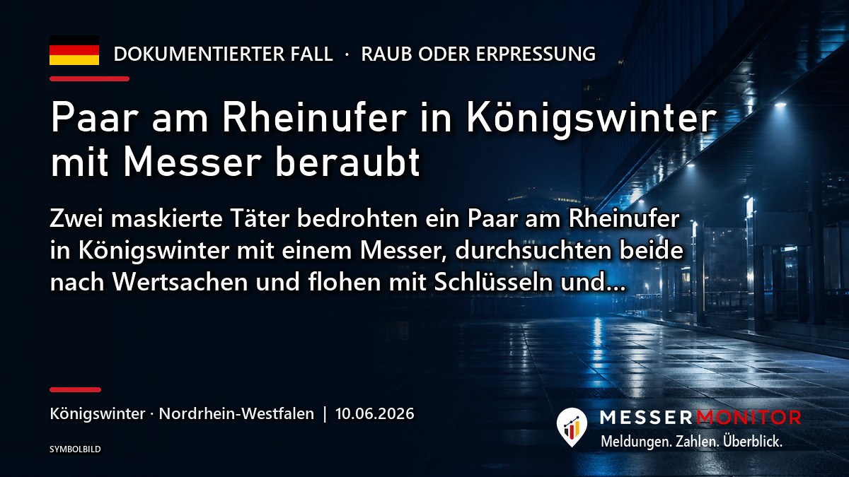 Titelgrafik: Paar am Rheinufer in Königswinter mit Messer beraubt. Zwei maskierte Täter bedrohten ein Paar am Rheinufer in Königswinter mit einem Messer, durchsuchten beide nach Wertsachen und flohen mit Schlüsseln und….