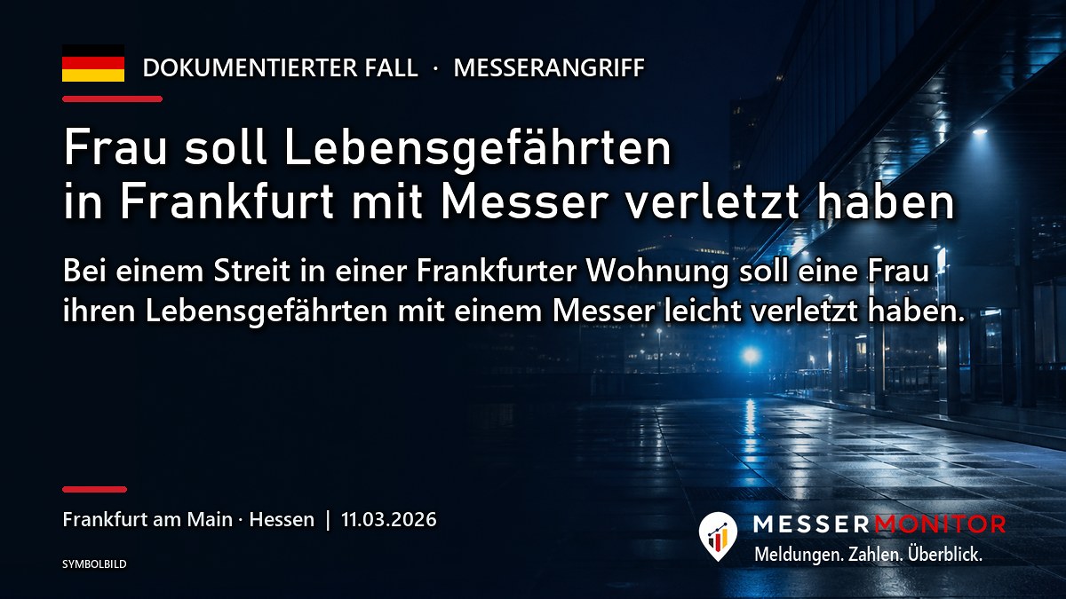 Titelgrafik: Frau soll Lebensgefährten in Frankfurt mit Messer verletzt haben. Bei einem Streit in einer Frankfurter Wohnung soll eine Frau ihren Lebensgefährten mit einem Messer leicht verletzt haben..