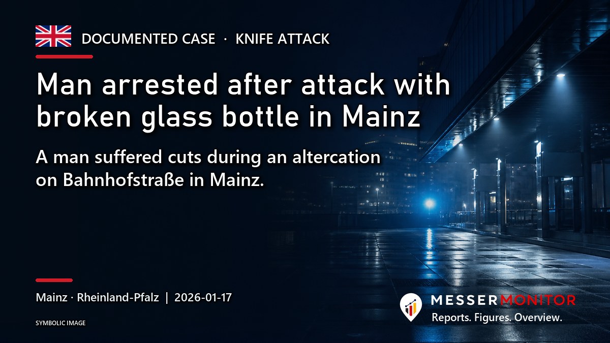Title image: Man arrested after attack with broken glass bottle in Mainz. A man suffered cuts during an altercation on Bahnhofstraße in Mainz..