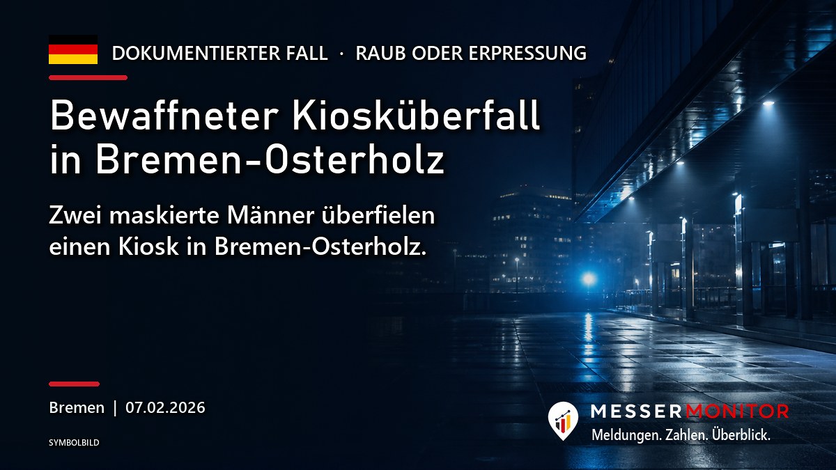 Titelgrafik: Bewaffneter Kiosküberfall in Bremen-Osterholz. Zwei maskierte Männer überfielen einen Kiosk in Bremen-Osterholz..
