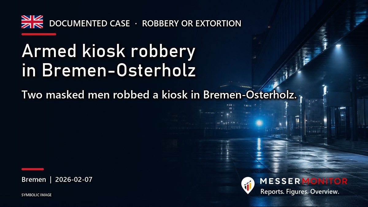 Title image: Armed kiosk robbery in Bremen-Osterholz. Two masked men robbed a kiosk in Bremen-Osterholz..