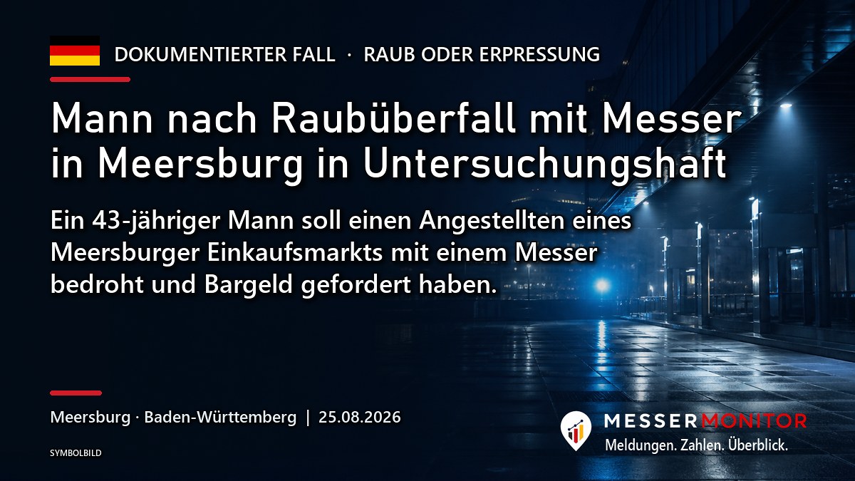 Titelgrafik: Mann nach Raubüberfall mit Messer in Meersburg in Untersuchungshaft. Ein 43-jähriger Mann soll einen Angestellten eines Meersburger Einkaufsmarkts mit einem Messer bedroht und Bargeld gefordert haben..