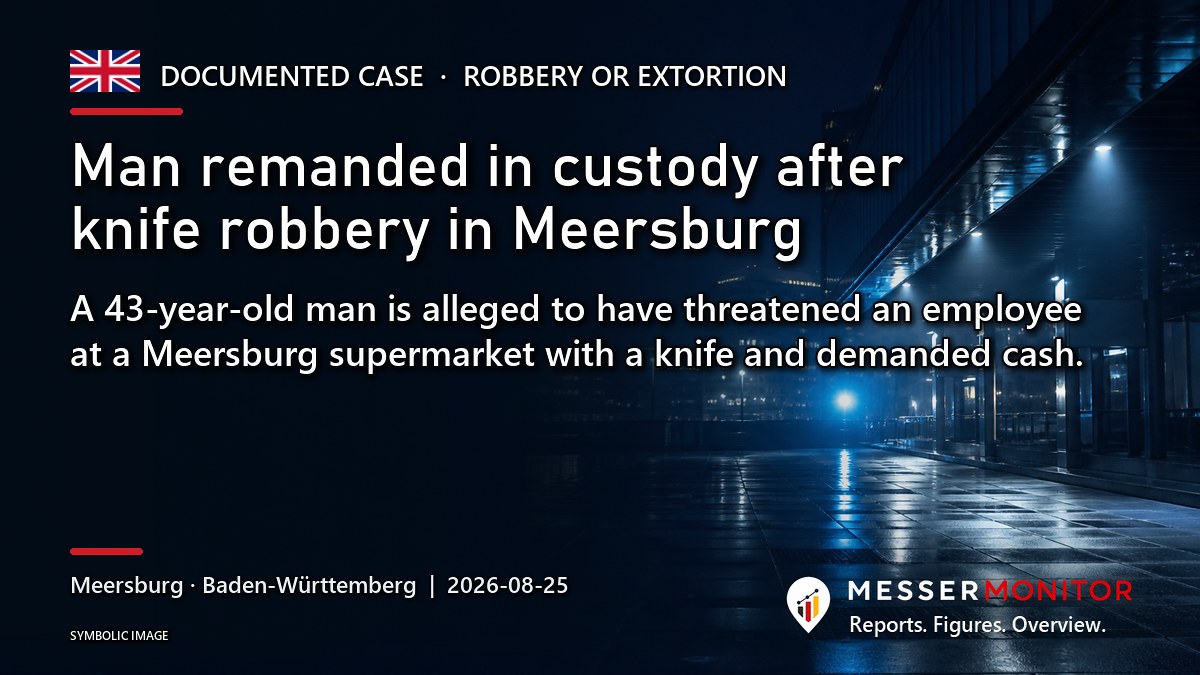 Title image: Man remanded in custody after knife robbery in Meersburg. A 43-year-old man is alleged to have threatened an employee at a Meersburg supermarket with a knife and demanded cash..