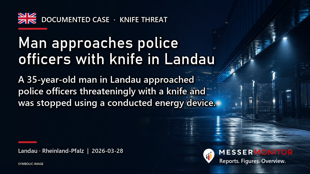 Title image: Man approaches police officers with knife in Landau. A 35-year-old man in Landau approached police officers threateningly with a knife and was stopped using a conducted energy device..