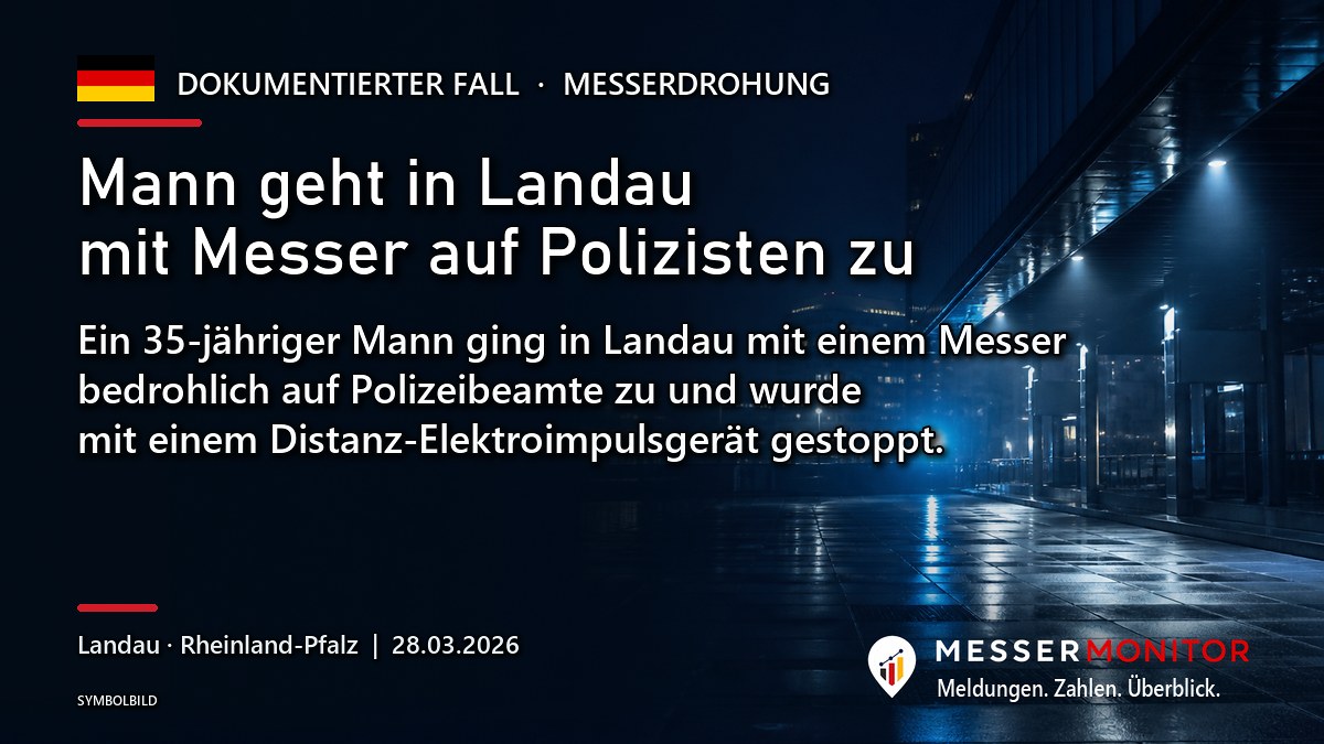 Titelgrafik: Mann geht in Landau mit Messer auf Polizisten zu. Ein 35-jähriger Mann ging in Landau mit einem Messer bedrohlich auf Polizeibeamte zu und wurde mit einem Distanz-Elektroimpulsgerät gestoppt..