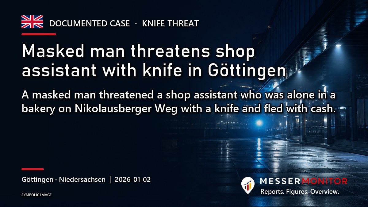 Title image: Masked man threatens shop assistant with knife in Göttingen. A masked man threatened a shop assistant who was alone in a bakery on Nikolausberger Weg with a knife and fled with cash..