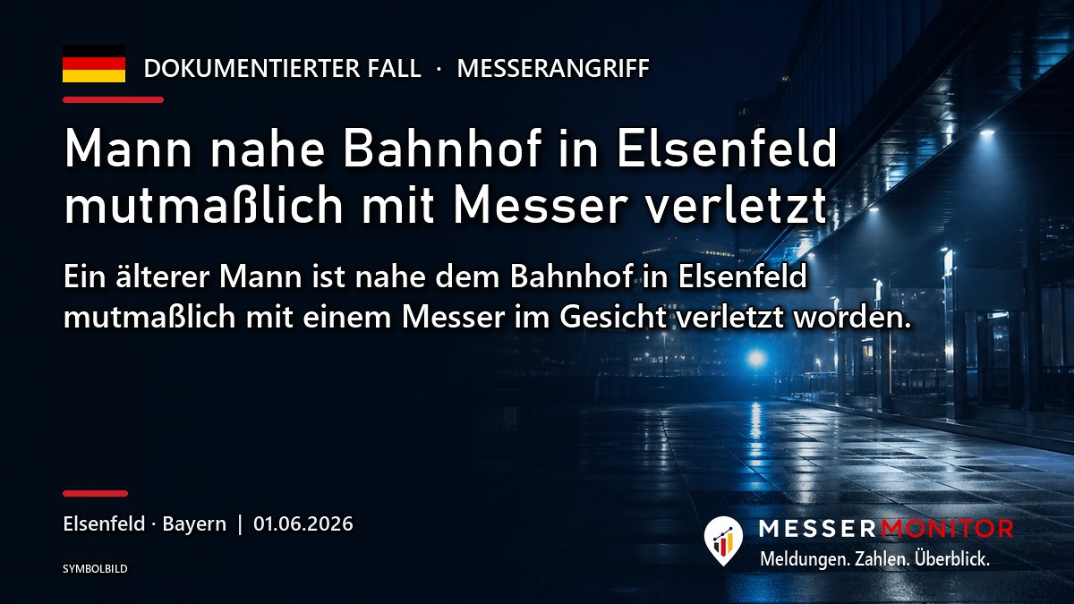 Titelgrafik: Mann nahe Bahnhof in Elsenfeld mutmaßlich mit Messer verletzt. Ein älterer Mann ist nahe dem Bahnhof in Elsenfeld mutmaßlich mit einem Messer im Gesicht verletzt worden..