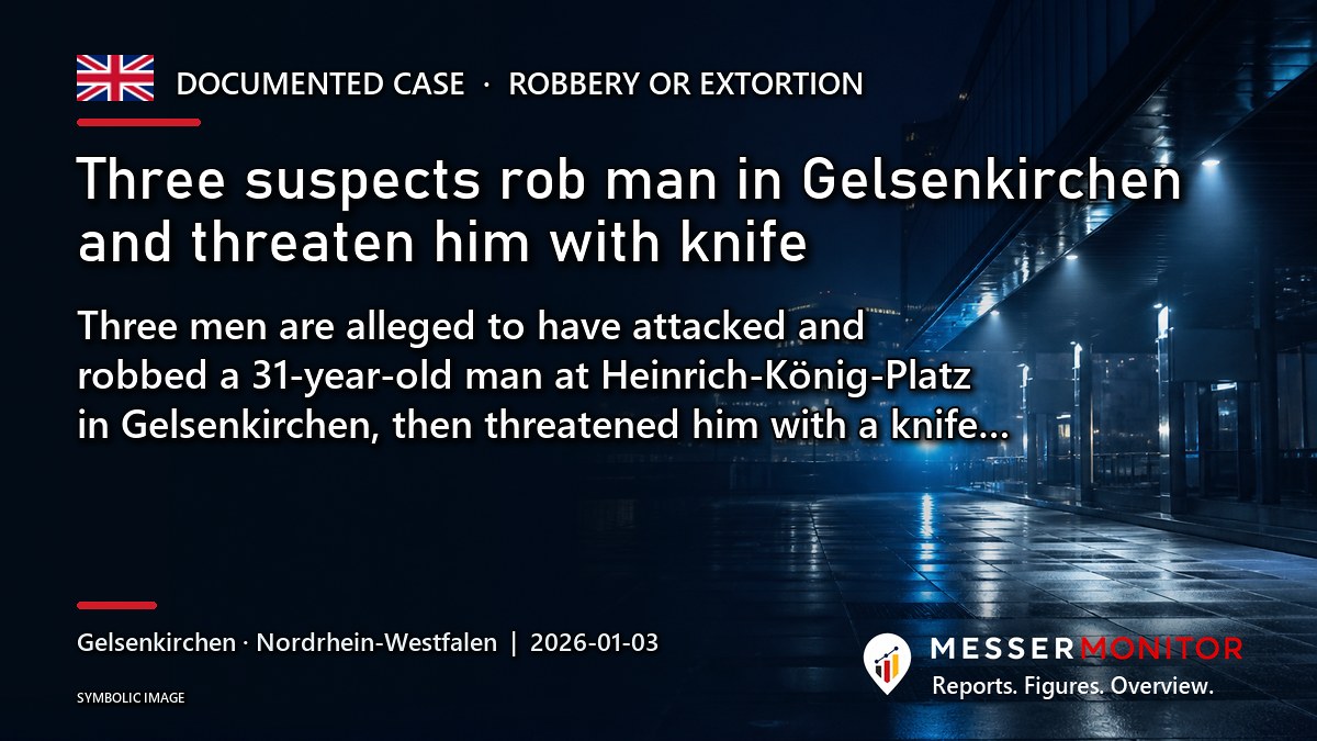 Title image: Three suspects rob man in Gelsenkirchen and threaten him with knife. Three men are alleged to have attacked and robbed a 31-year-old man at Heinrich-König-Platz in Gelsenkirchen, then threatened him with a knife….