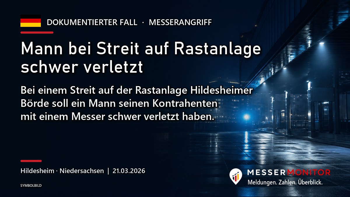 Titelgrafik: Mann bei Streit auf Rastanlage schwer verletzt. Bei einem Streit auf der Rastanlage Hildesheimer Börde soll ein Mann seinen Kontrahenten mit einem Messer schwer verletzt haben..