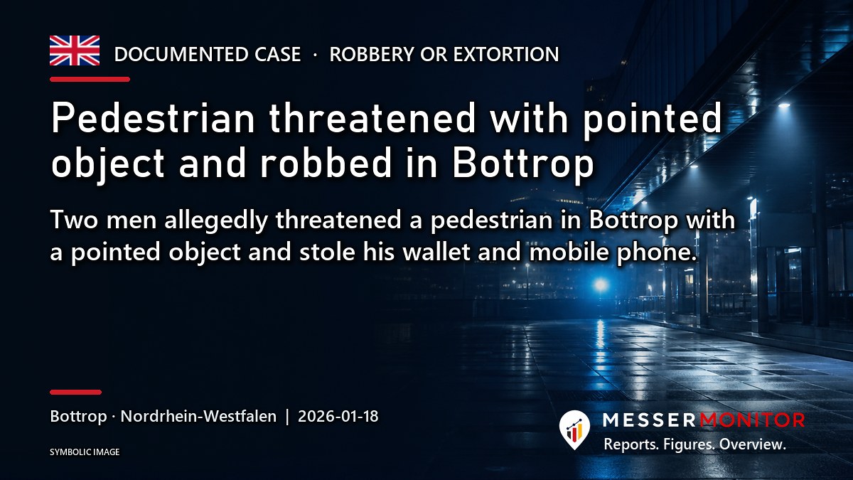 Title image: Pedestrian threatened with pointed object and robbed in Bottrop. Two men allegedly threatened a pedestrian in Bottrop with a pointed object and stole his wallet and mobile phone..